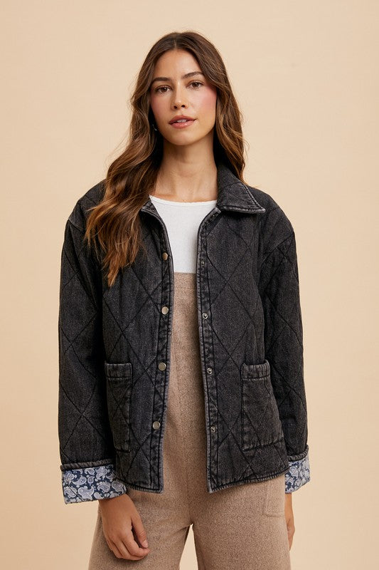 Annie Wear Quilted Printed Lining Snap Down Denim Jacket - Sydney So Sweet