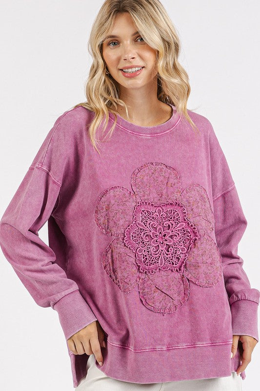 Mittoshop Flower Patch Side Slit Mineral Wash Round Neck Sweatshirt - Sydney So Sweet