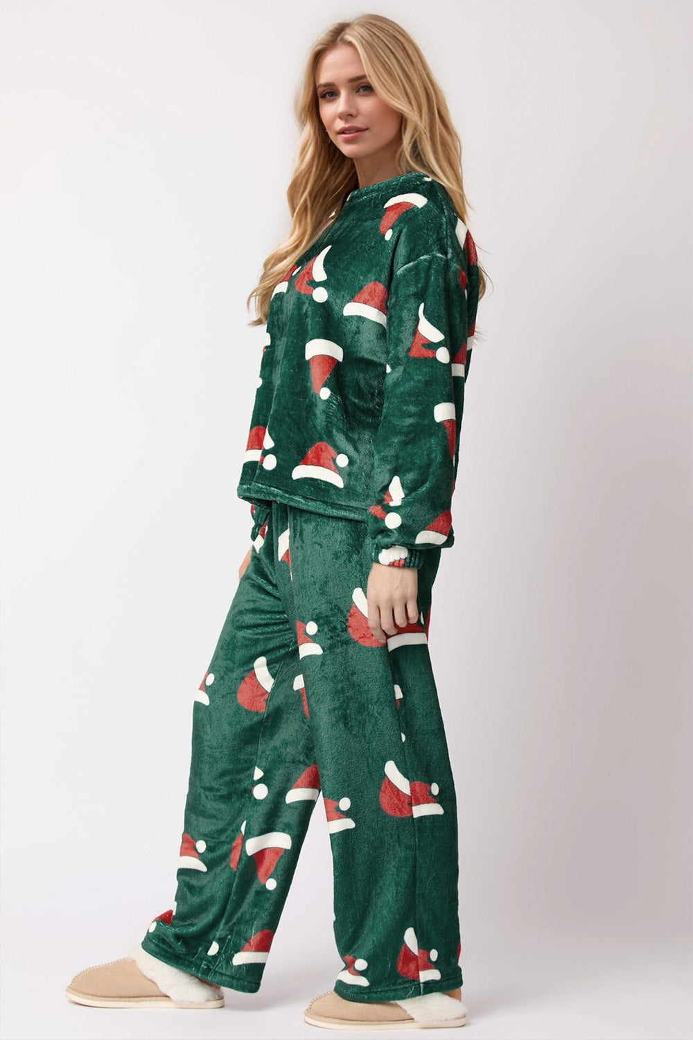 Christmas Hat Pattern Round Neck Long Sleeve Top and Pants Set - Sydney So Sweet