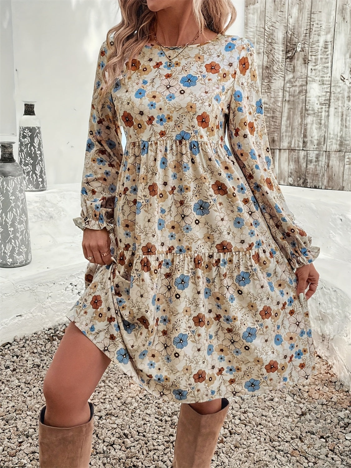 Ruffled Printed Round Neck Long Sleeve Dress - Sydney So Sweet