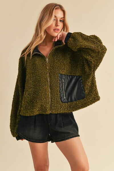 Aemi + Co Collared Neck Zip Up Sherpa Jacket - Sydney So Sweet