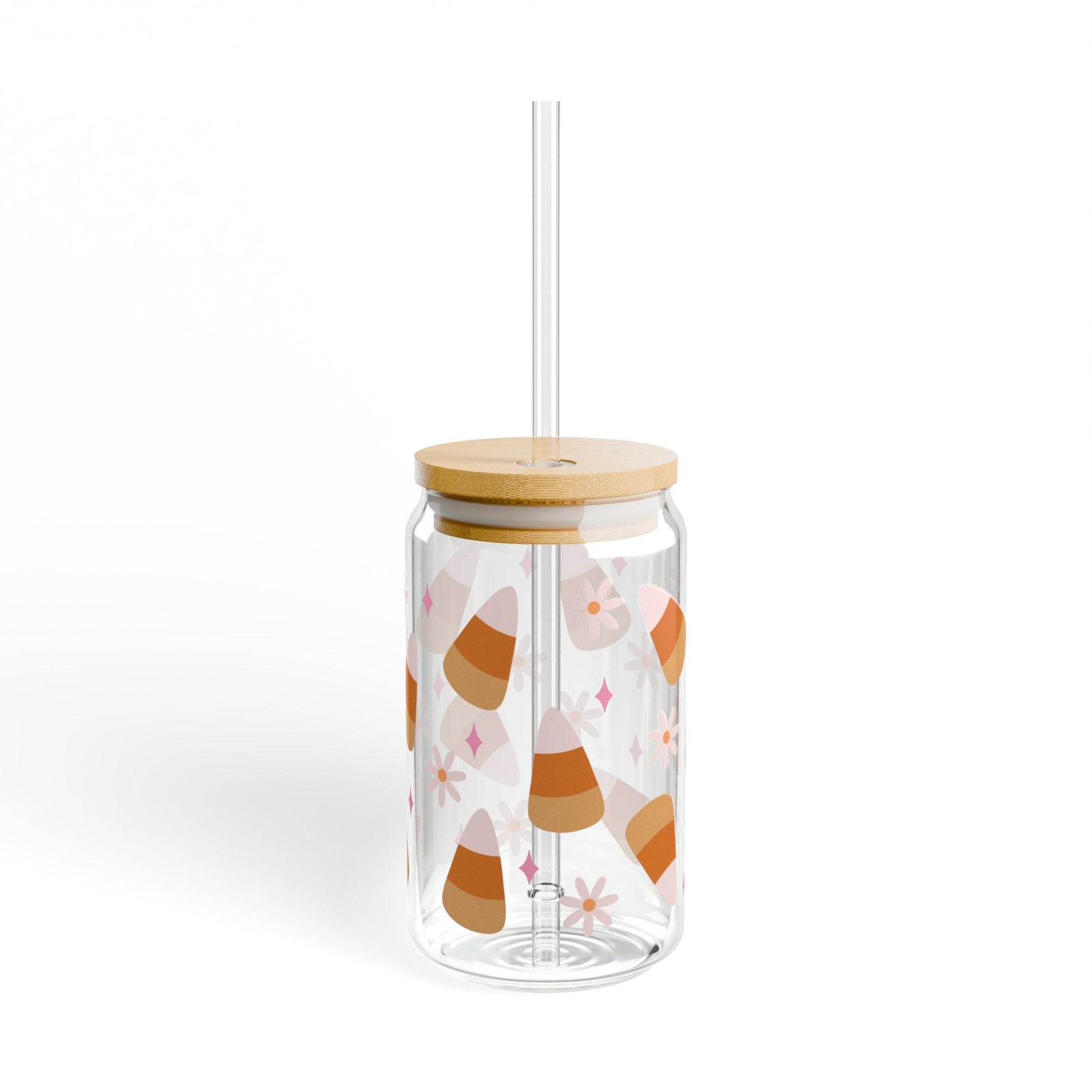 Candy Corn Cute Sipper Glass 16oz Reusable Drink Jar with Lid & Straw
