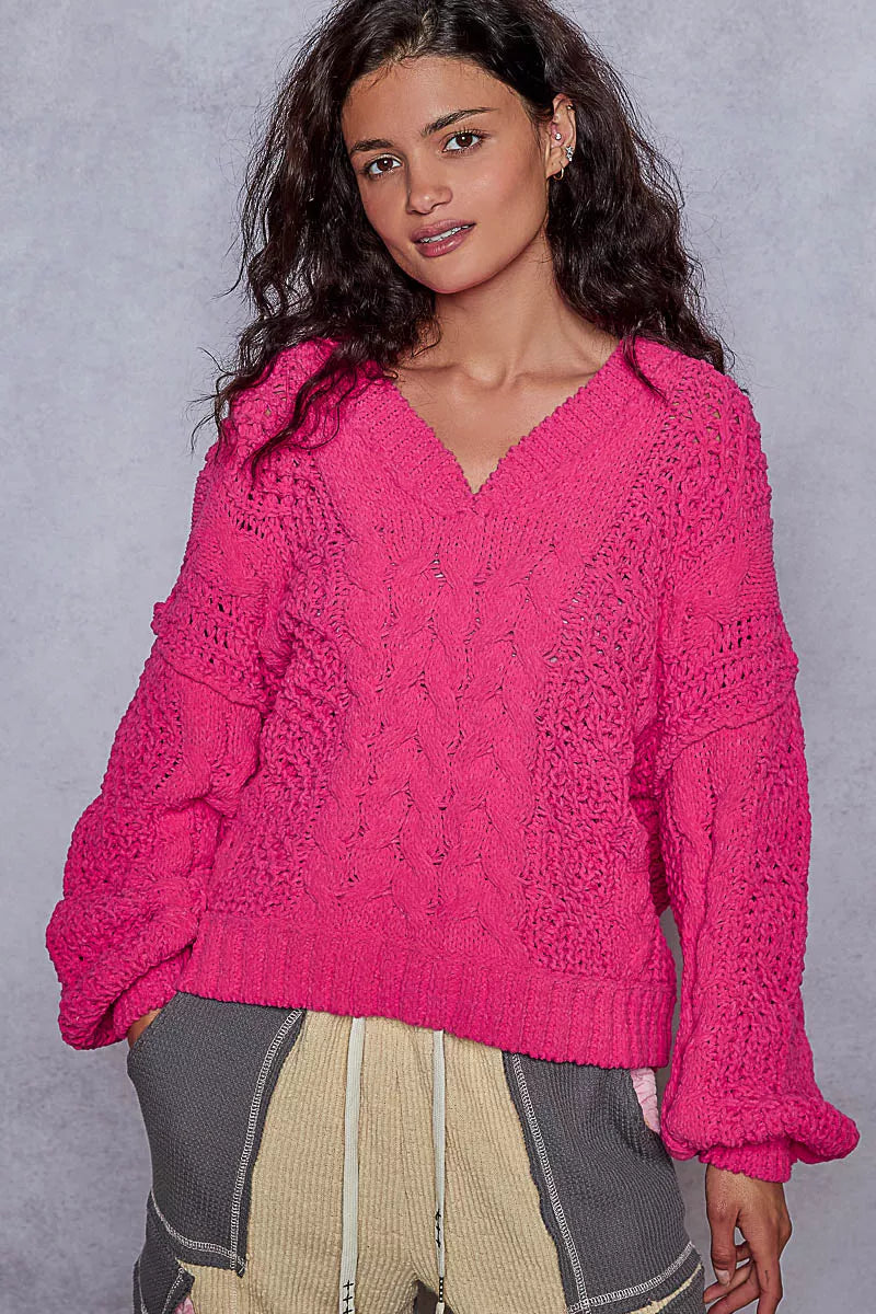 POL Cable-Knit Solid V-Neck Cropped Sweater - Sydney So Sweet