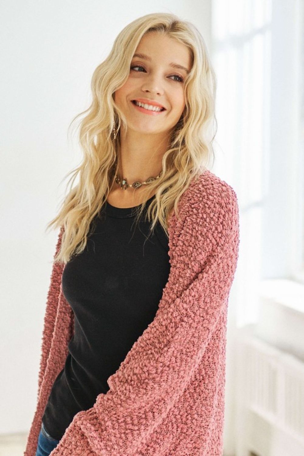 ADORA Popcorn Knit Open Front Long Sleeve Cardigan - Sydney So Sweet