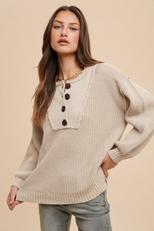 Annie Wear Half Button Ribbed Hem Sweater - Sydney So Sweet