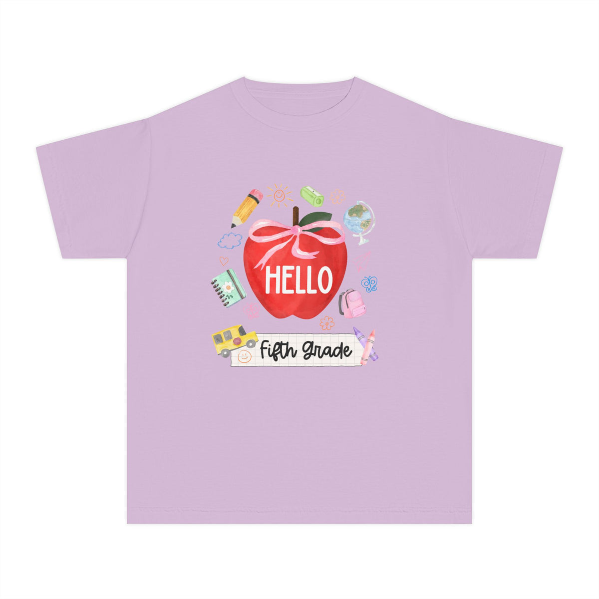 Hello Fifth Grade Preppy Coquette Apple Graphic Tee Back to School 5th Grade T-Shirt