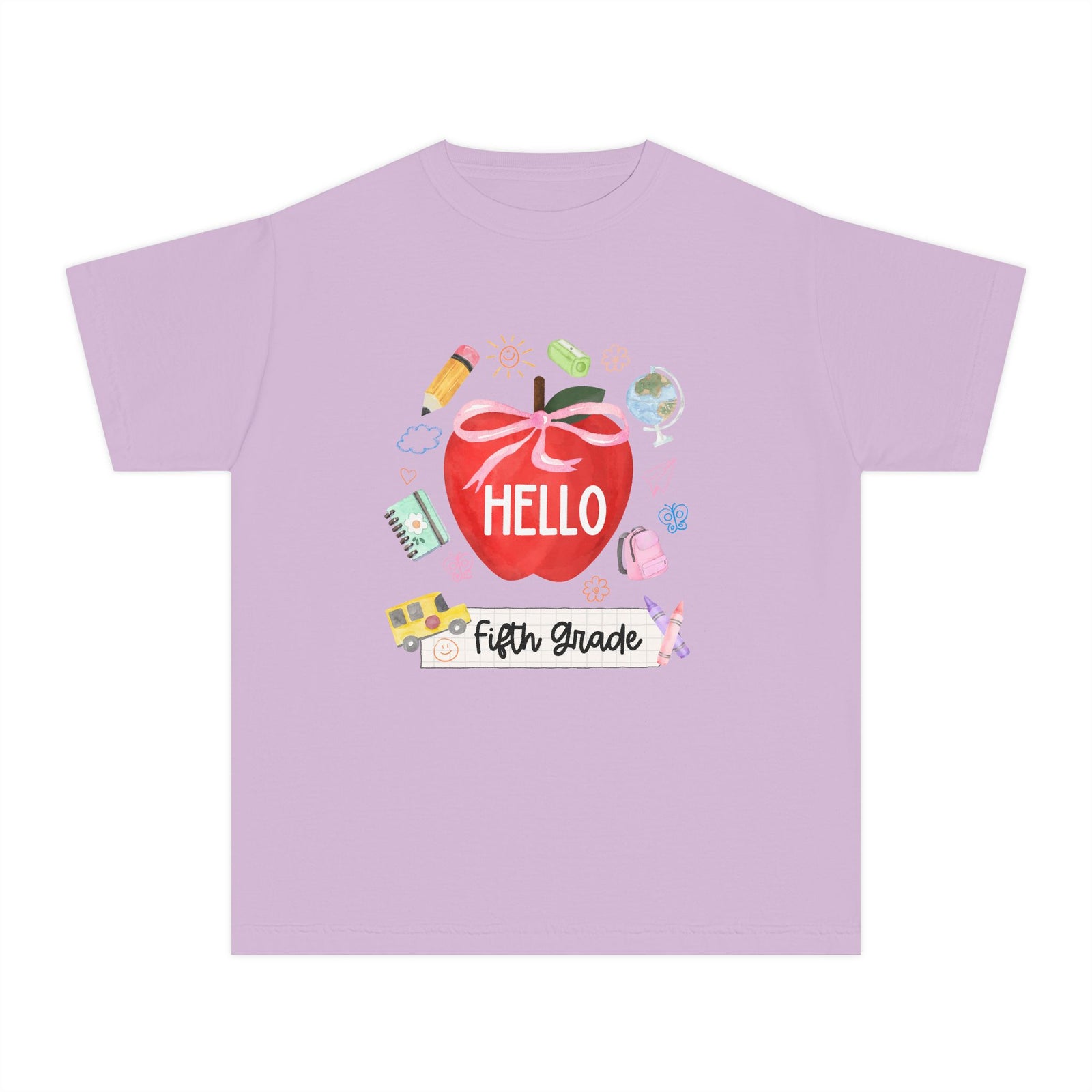 Hello Fifth Grade Preppy Coquette Apple Graphic Tee Back to School 5th Grade T-Shirt