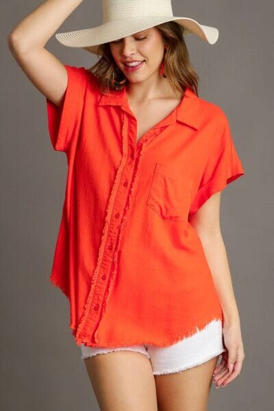 Umgee Full Size Linen Blend Button Down Short Folded Sleeve Shirt Plus Size - Sydney So Sweet