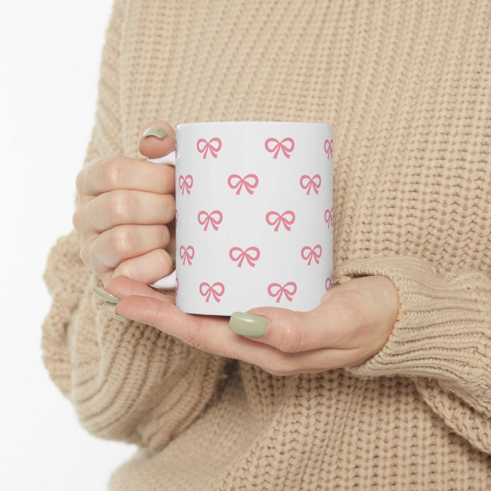 Pink Bow Pattern Ceramic Mug — Cute All-Over Ribbon Design (11oz & 15oz)