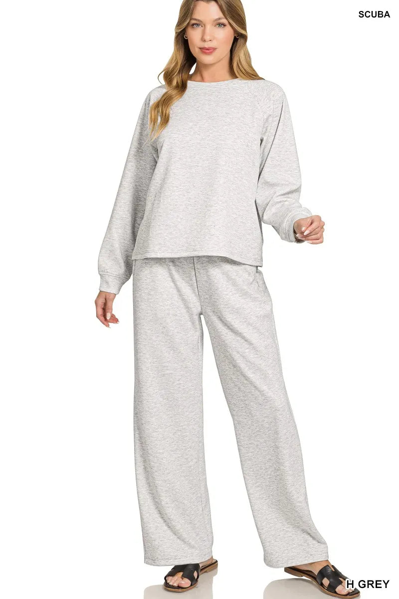 Zenana Scuba Crewneck Sweatshirt and Pants Set - Sydney So Sweet