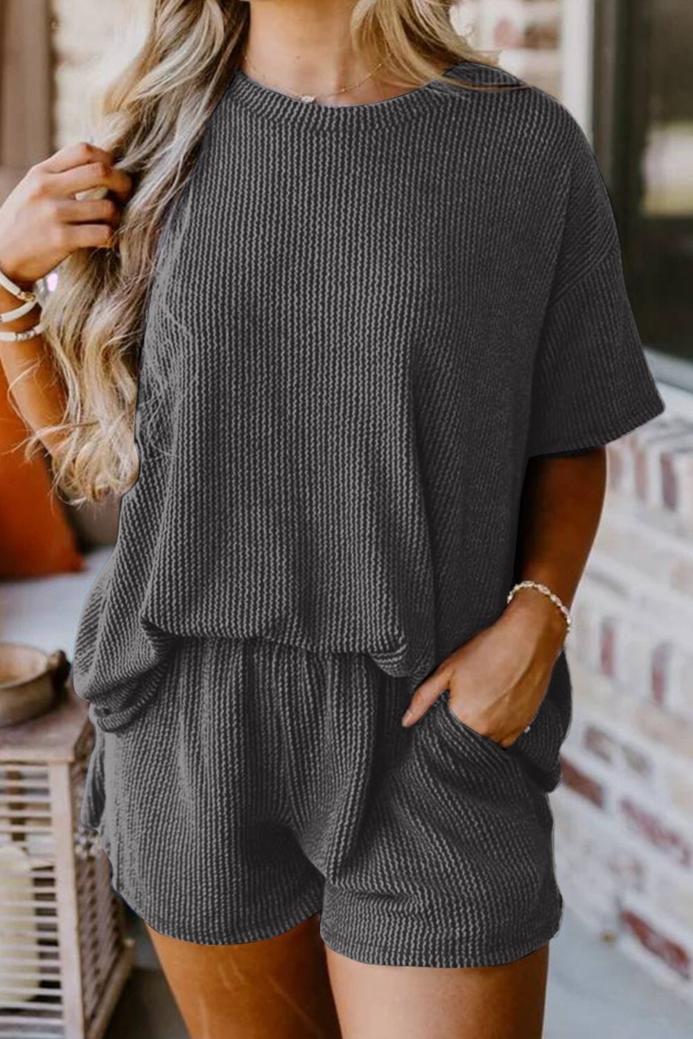 Textured Round Neck Top and Shorts Set - Sydney So Sweet