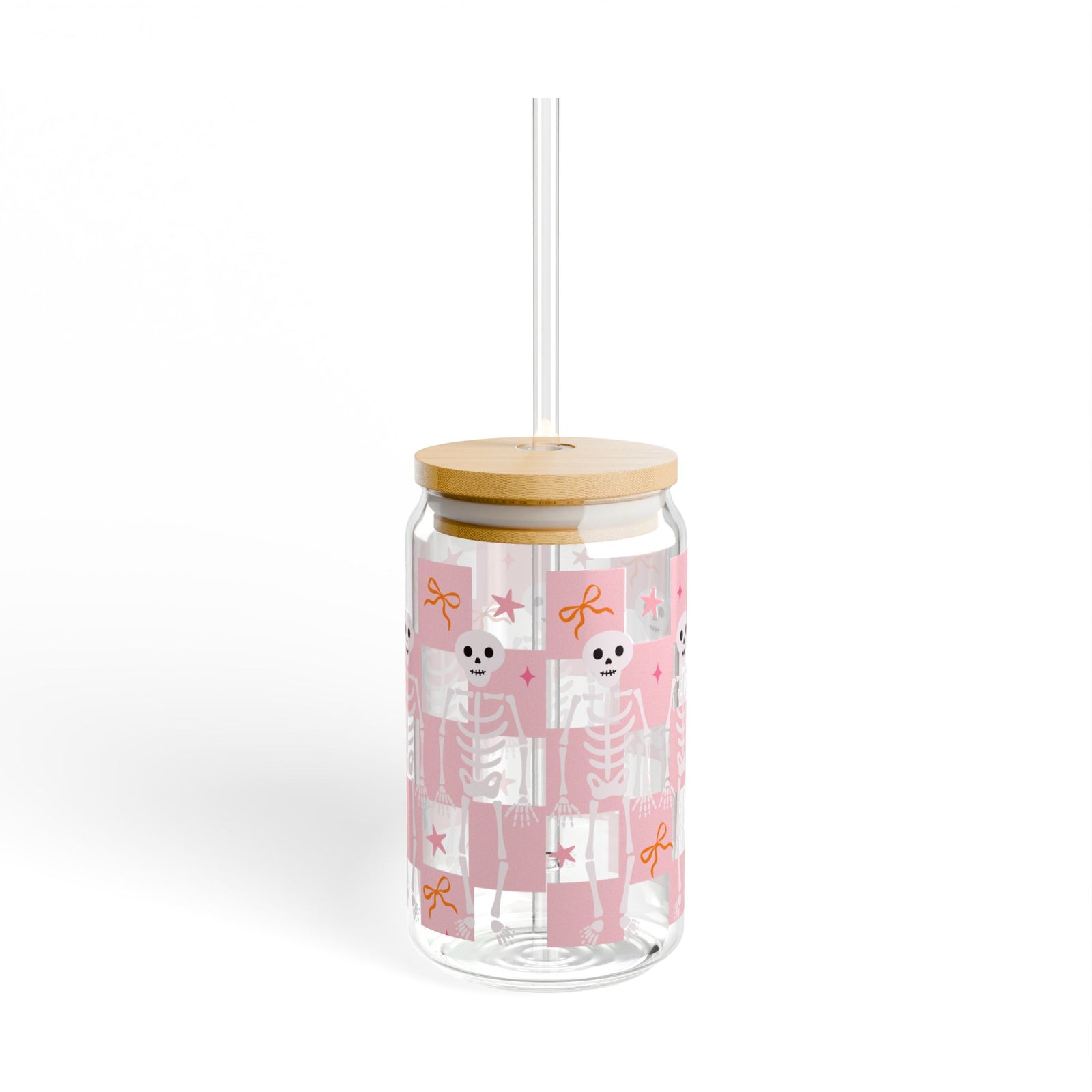 Pink Checker Skeleton & Bow Halloween Sipper Glass 16oz Reusable Drink Jar with Lid & Straw