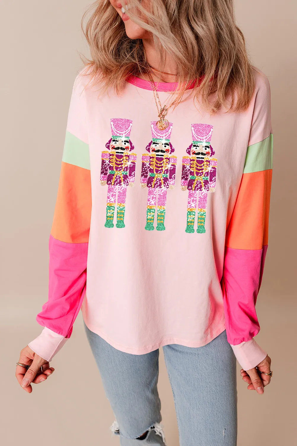 Sequin Nutcracker Round Neck Long Sleeve Top - Sydney So Sweet