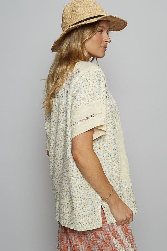 POL Number Floral Crochet Button Detail Half Sleeve Top - Sydney So Sweet