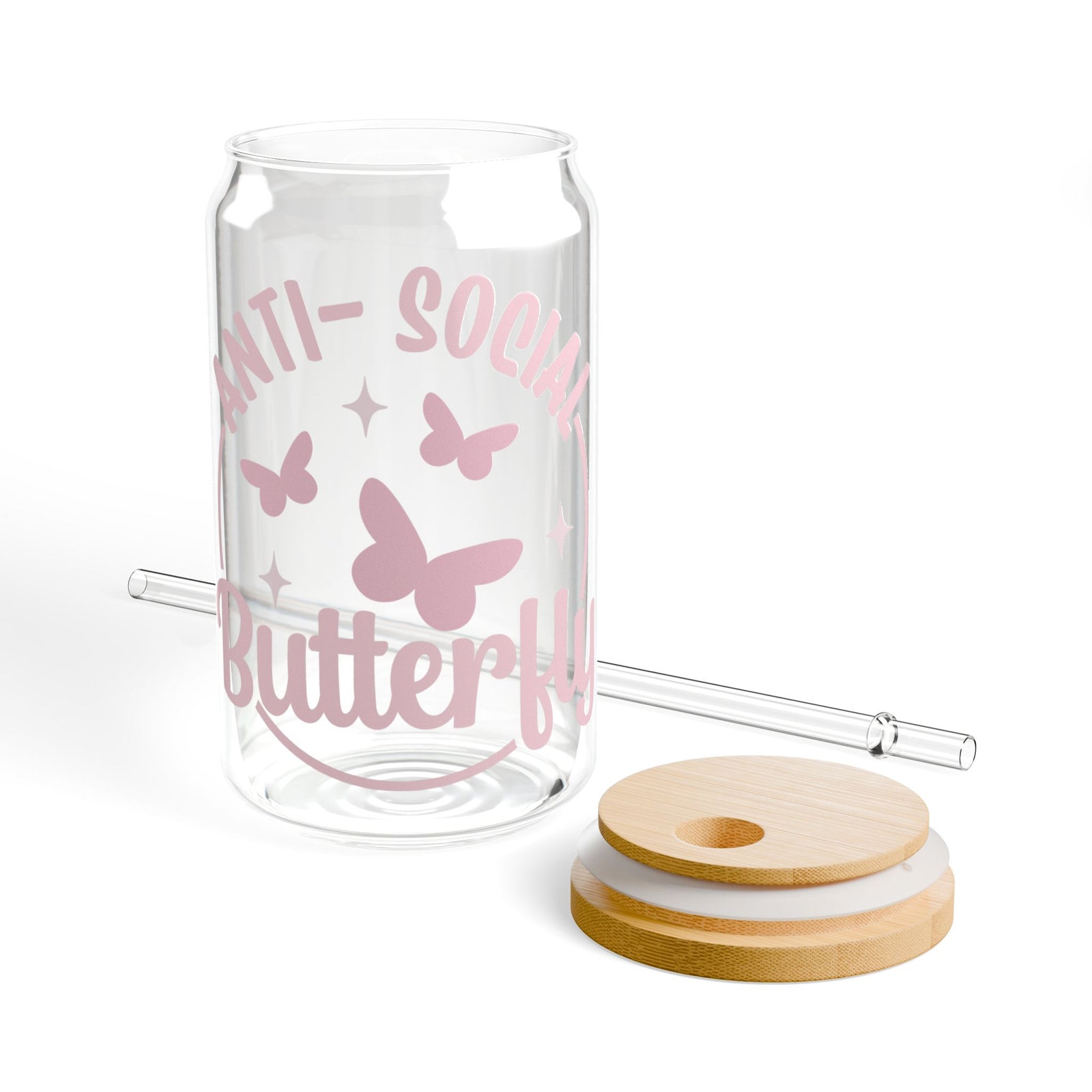 Anti-social Butterfly Tumbler Sipper Glass 16oz — Reusable Drink Jar with Lid & Straw