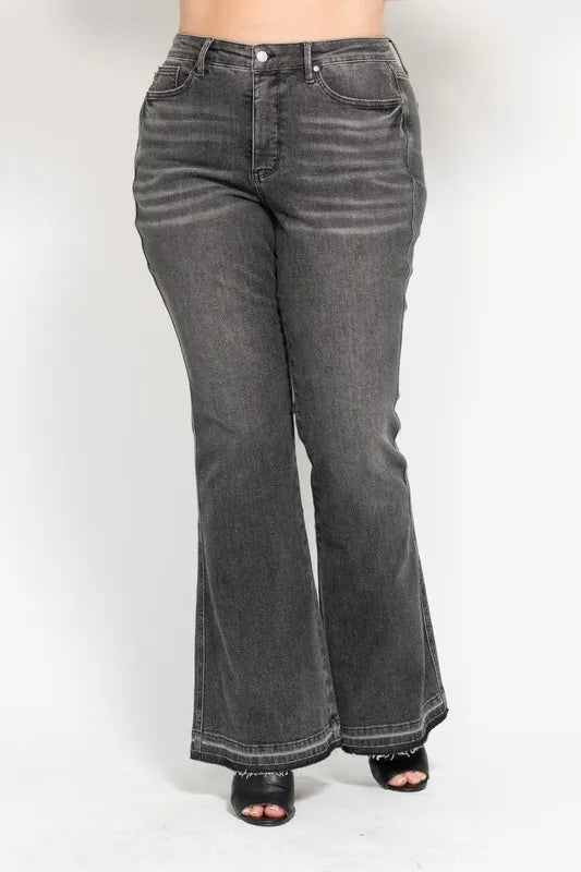 Judy Blue Full Size Mid Rise Tummy Control Washed Gray Release Hem Flare Jeans Plus Size - Sydney So Sweet