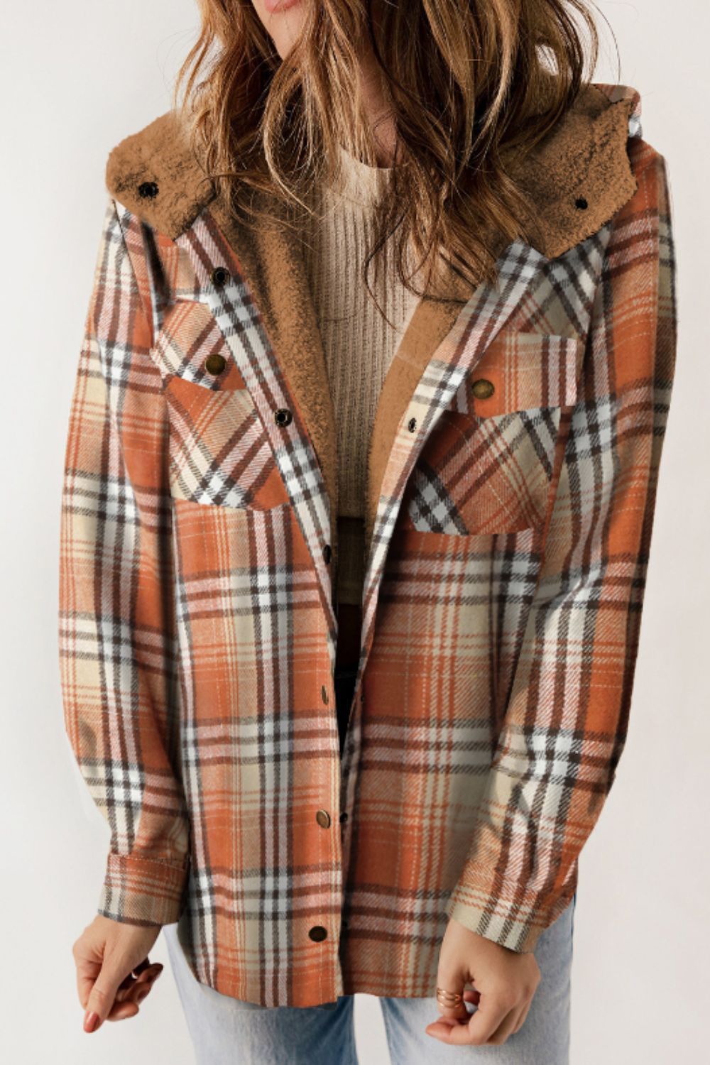 Plaid Button Up Long Sleeve Hooded Jacket - Sydney So Sweet