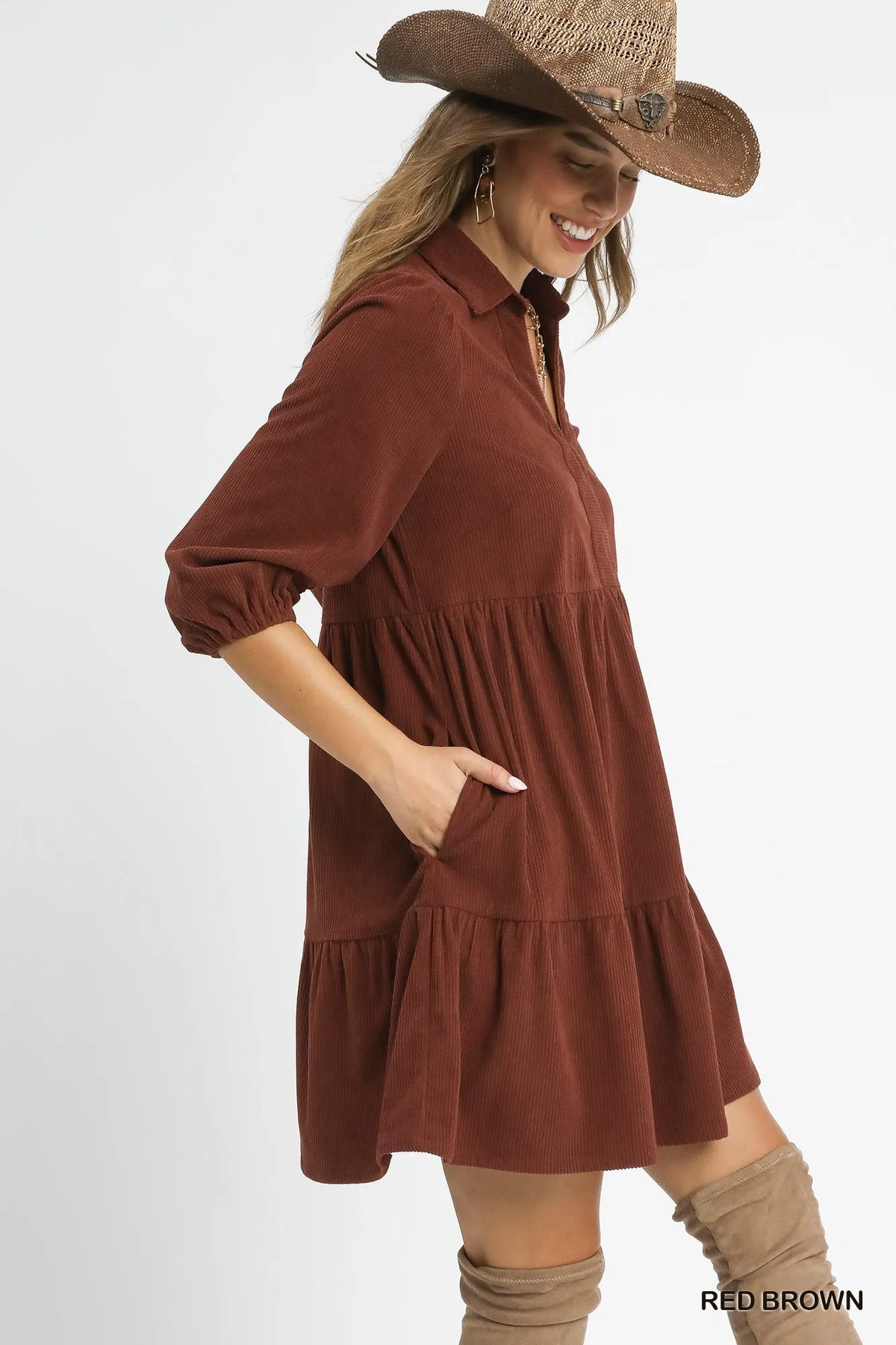 Umgee Tiered Corduroy Mini Dress with Balloon Sleeves - Sydney So Sweet