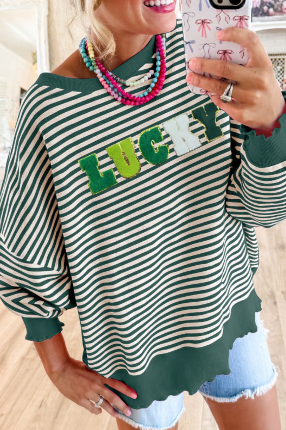 LUCKY Striped Round Neck Long Sleeve Sweatshirt - Sydney So Sweet