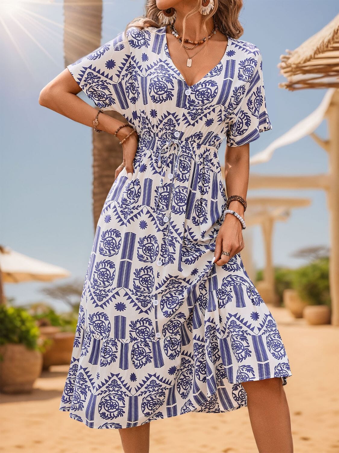 Printed V-Neck Short Sleeve Midi Dress - Sydney So Sweet