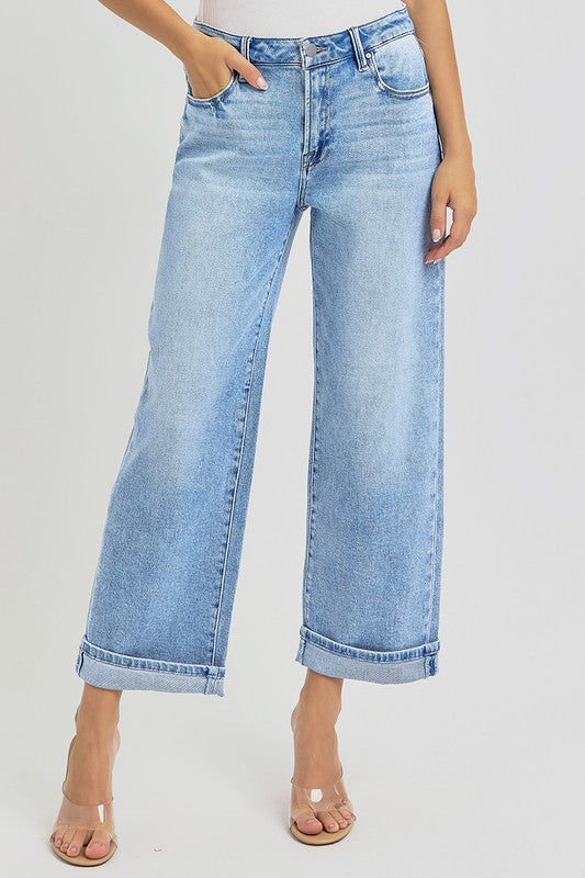 RISEN Full Size Ankle Wide Leg Cuffed Jeans Plus Size - Sydney So Sweet