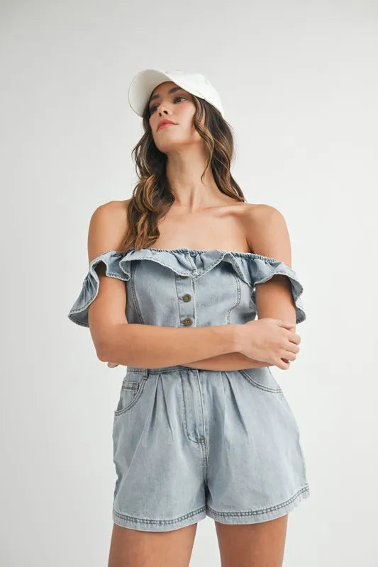 MABLE Off Shoulder Ruffle Detail Denim Romper - Sydney So Sweet