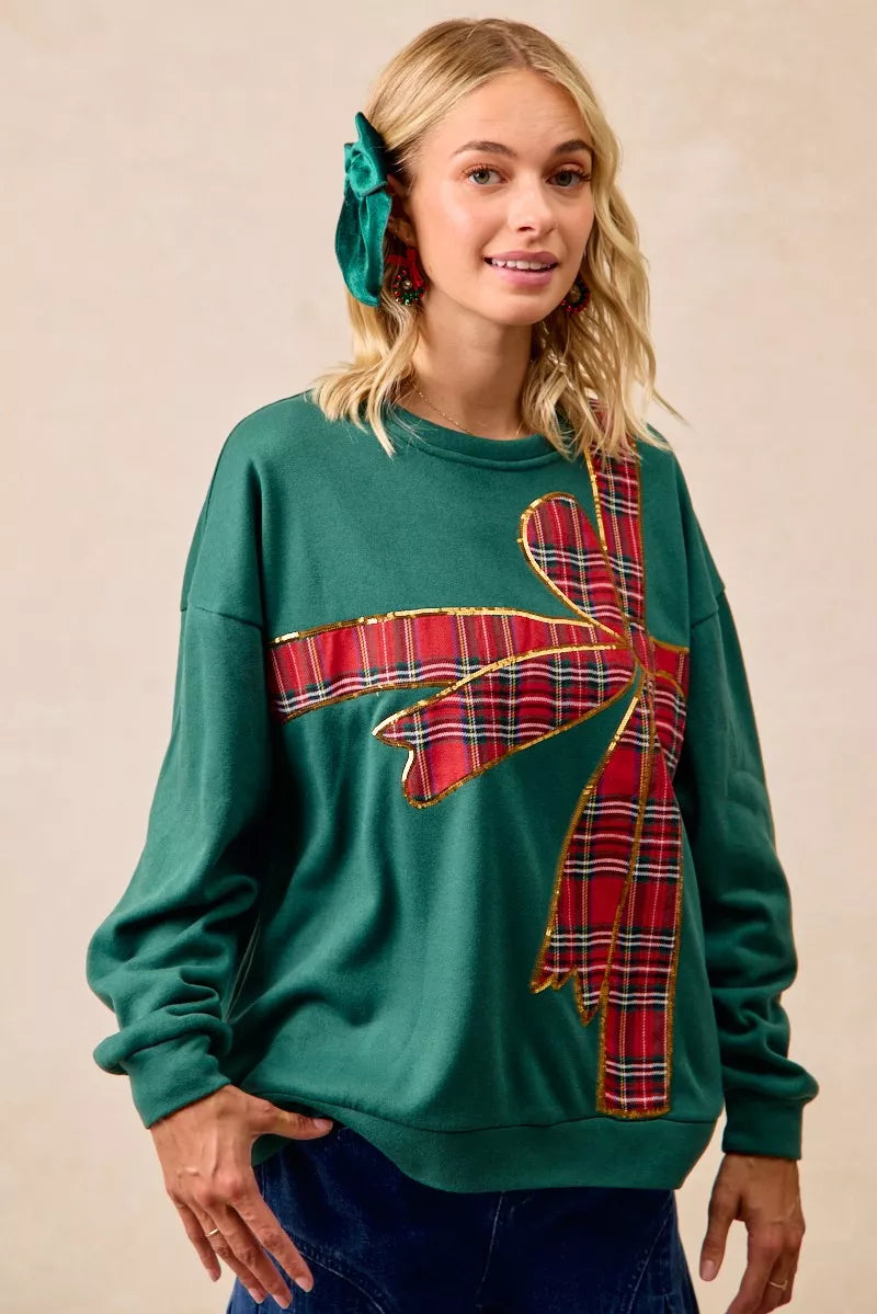 BiBi Plaid Ribbon Bow Detail Christmas Fleece Pullover - Sydney So Sweet