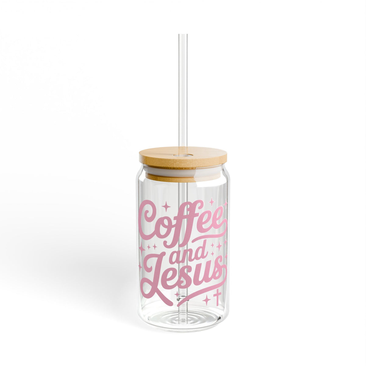 Coffee and Jesus Pink Script 16oz Sipper Glass Tumbler with Bamboo Lid & Straw - Sydney So Sweet
