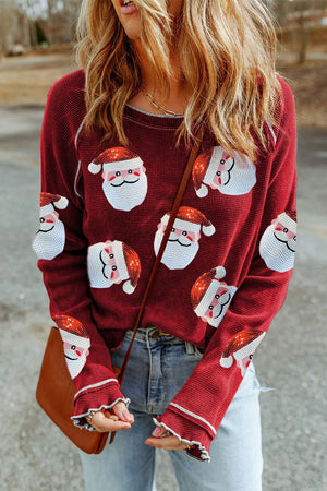 Sequin Santa Round Neck Long Sleeve Blouse - Sydney So Sweet