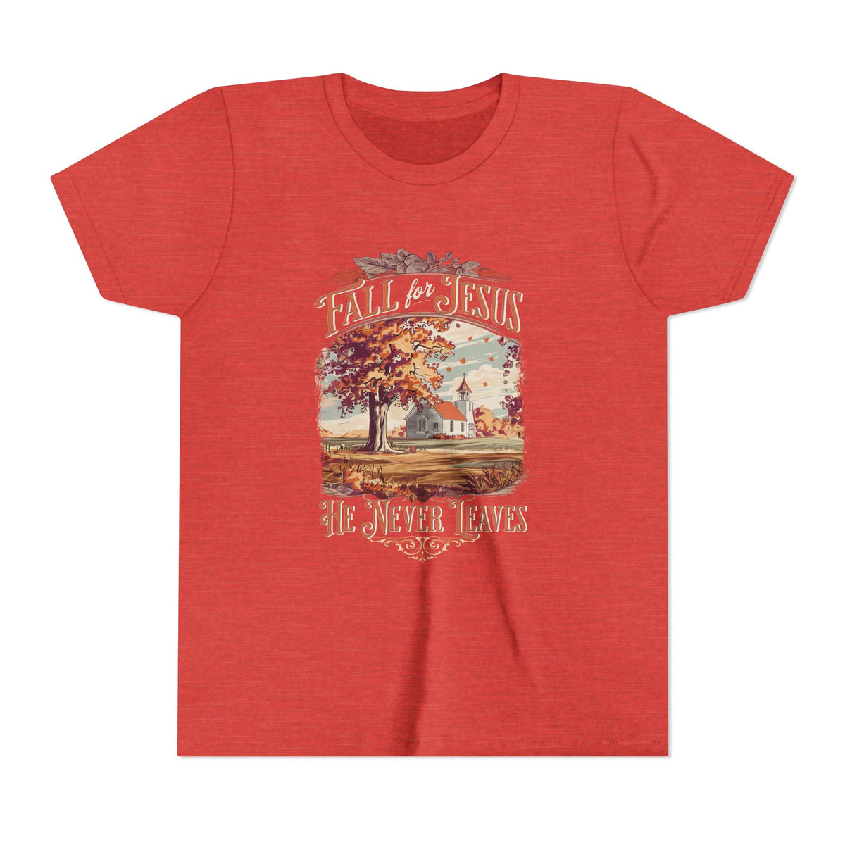 Fall for Jesus Kids T-Shirt He Never Leaves Youth Christian Graphic Tee