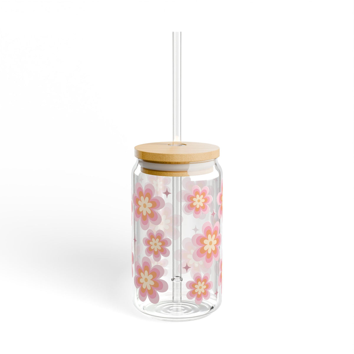 Groovy Flower Sipper Glass 16oz — Reusable Drink Jar with Lid & Straw