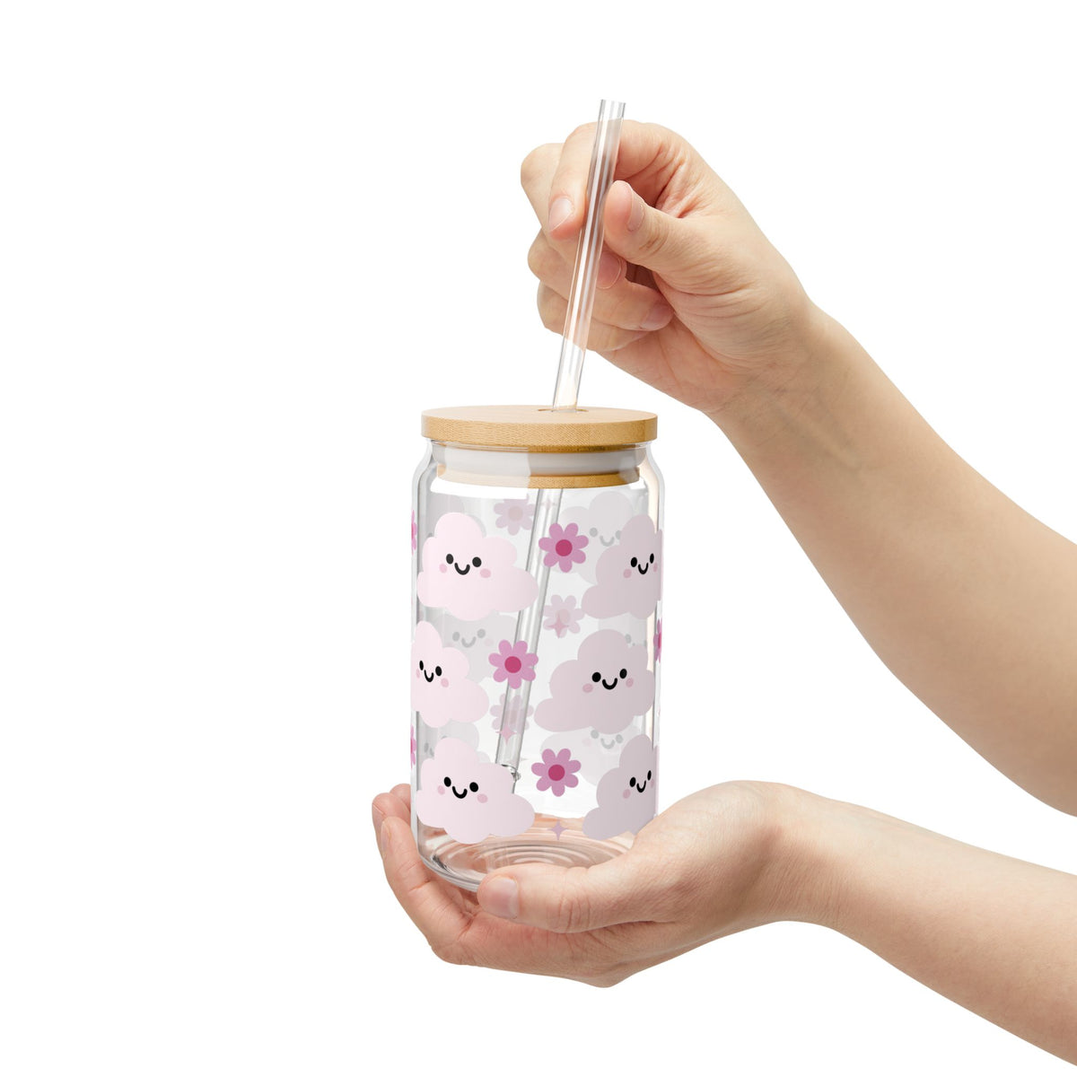 Happy Cloud Pink Tumbler Sipper Glass 16oz — Reusable Drink Jar with Lid & Straw
