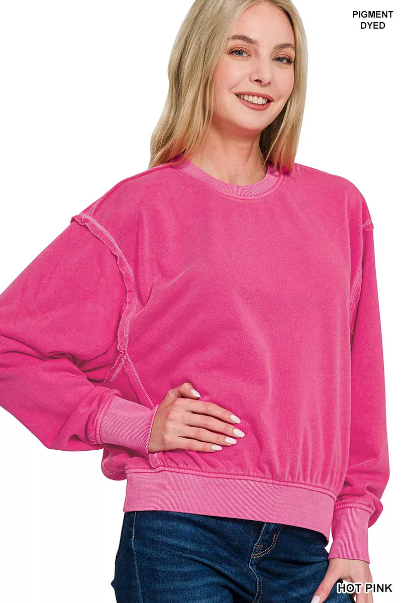 Zenana Soft Fleece Pigment Dye Round Neck Pullover - Sydney So Sweet