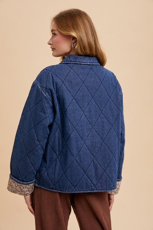 Annie Wear Quilted Printed Lining Snap Down Denim Jacket - Sydney So Sweet