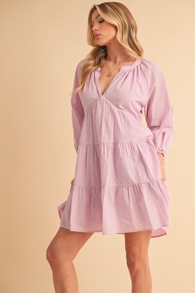 Aemi + Co Notched Balloon Sleeve Tiered Mini Dress - Sydney So Sweet