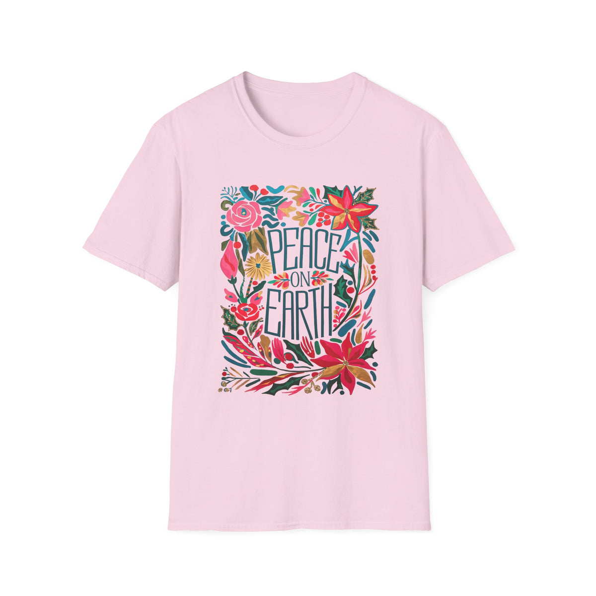 Peace on Earth Bright Christmas Florals Tee Graphic T-Shirt