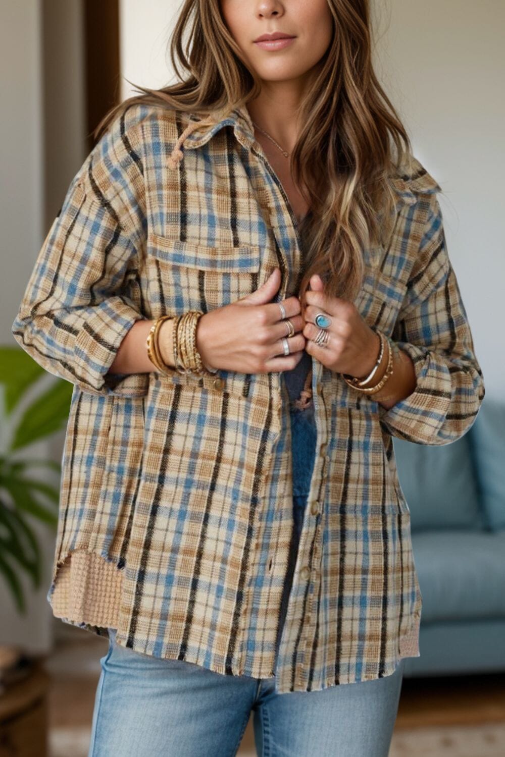 Drawstring Plaid Button Up Hooded Shacket - Sydney So Sweet