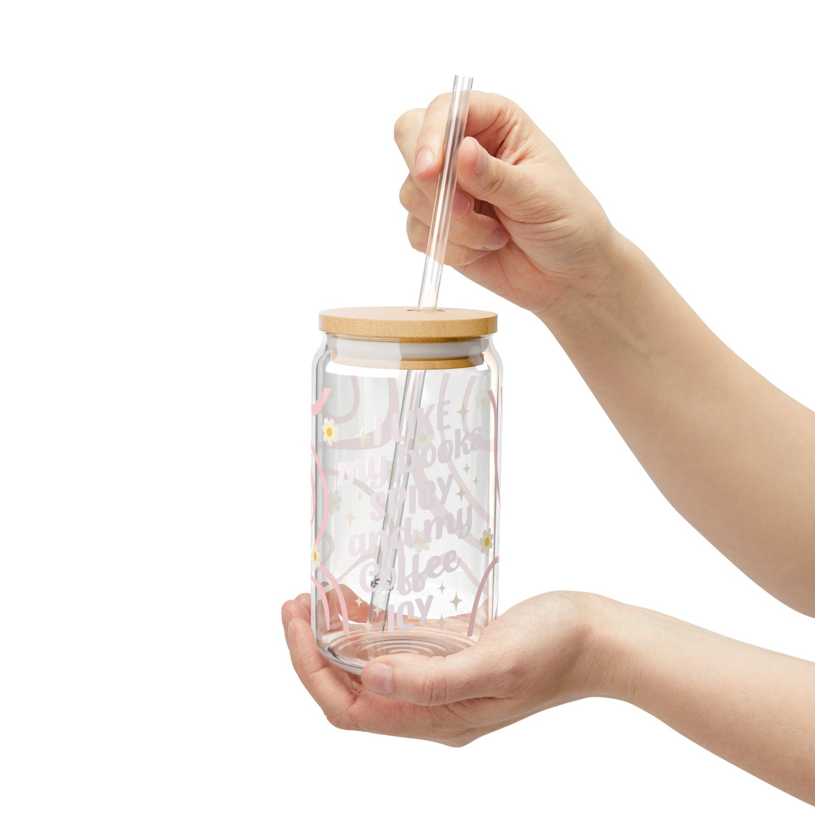 Books Spicy Coffee Icy Tumbler Sipper Glass 16oz — Reusable Drink Jar with Lid & Straw