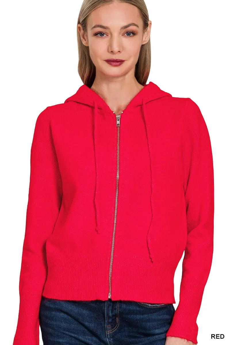 Zenana Drawstring Zip Up Hooded Cardigan - Sydney So Sweet