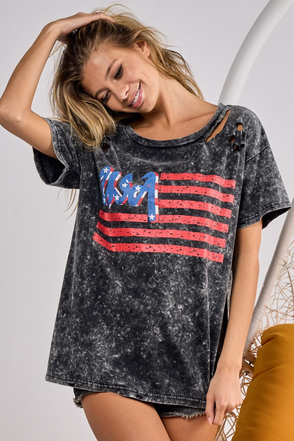 BiBi US Flag Washed Laser Cut T-Shirt
