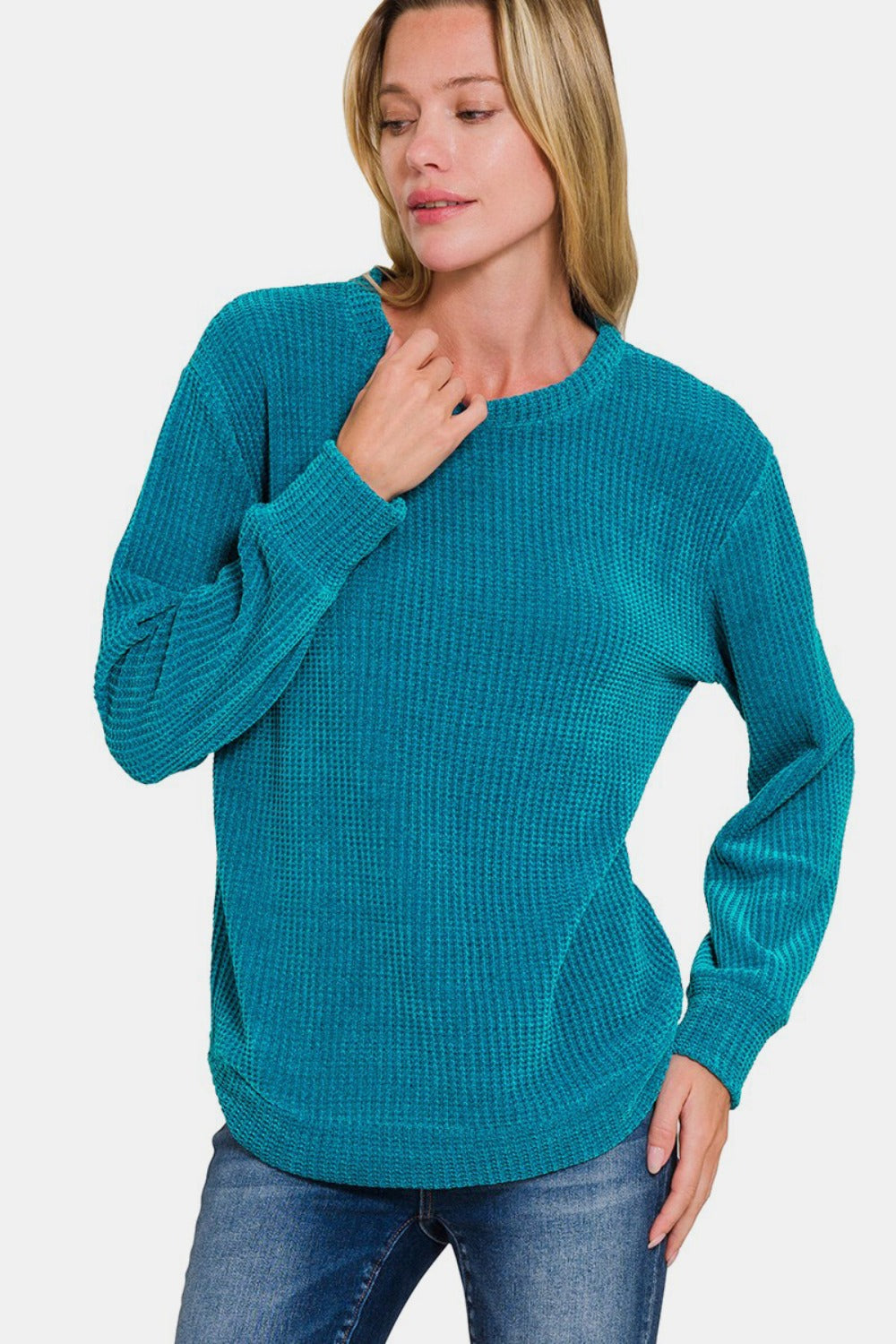 Zenana Chenille Waffle Round Neck Sweater - Sydney So Sweet