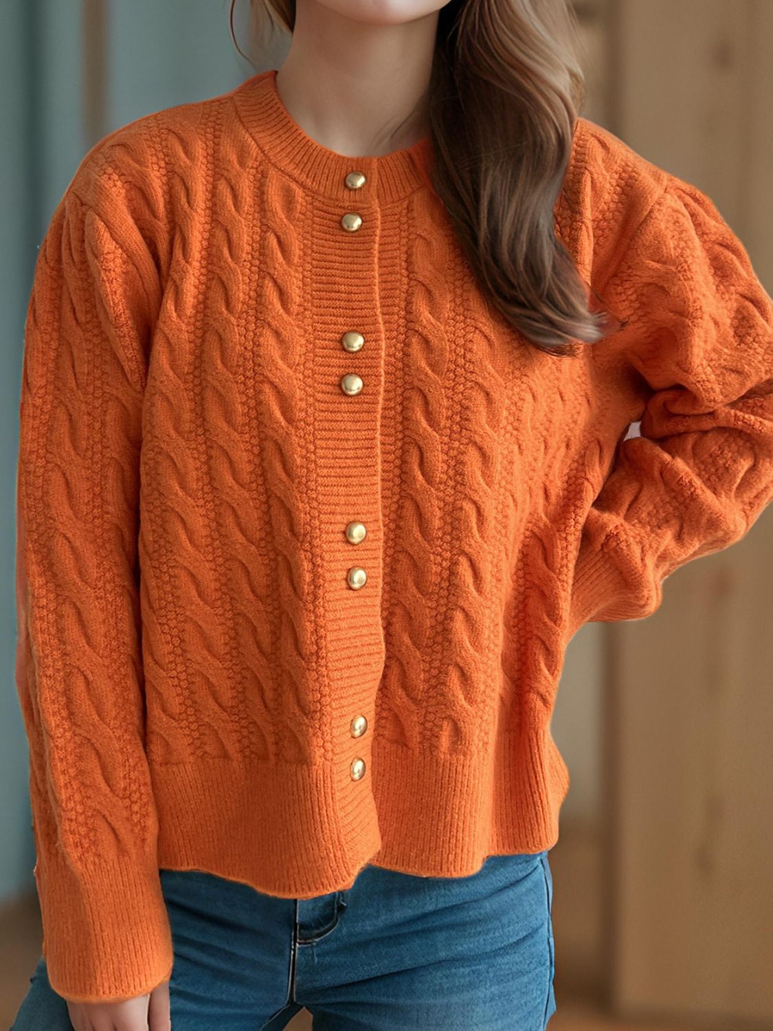 Cable-Knit Round Neck Long Sleeve Cardigan - Sydney So Sweet