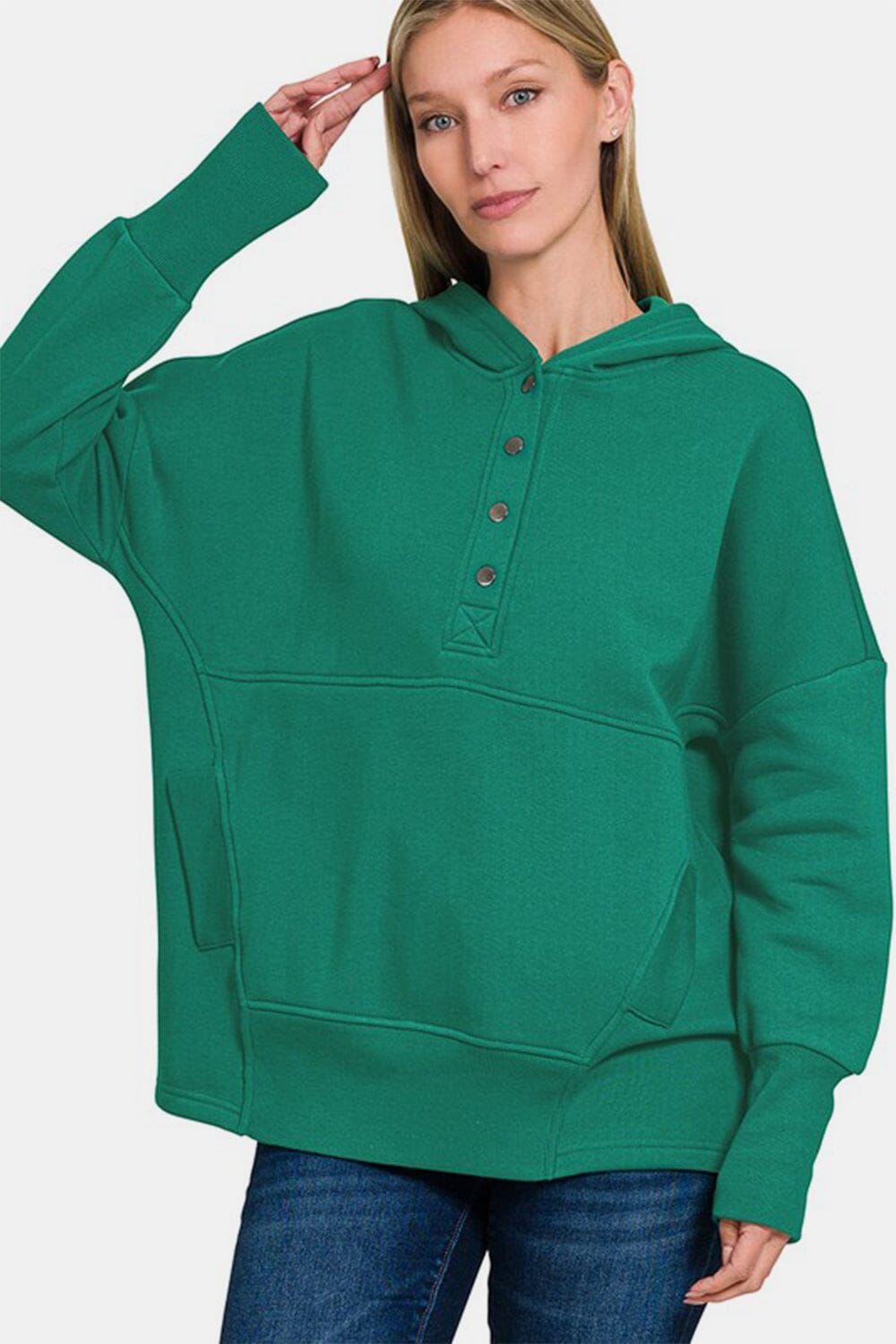 Zenana Half Snap Long Sleeve Hoodie with Kangaroo Pocket - Sydney So Sweet