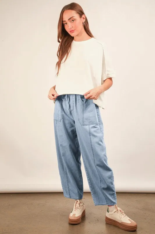 VERY J Washed Chambray Barrel Denim Pants - Sydney So Sweet