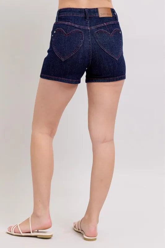 Judy Blue High Waist Heart Shaped Pkts & Red Contrast Thread Denim Shorts - Sydney So Sweet