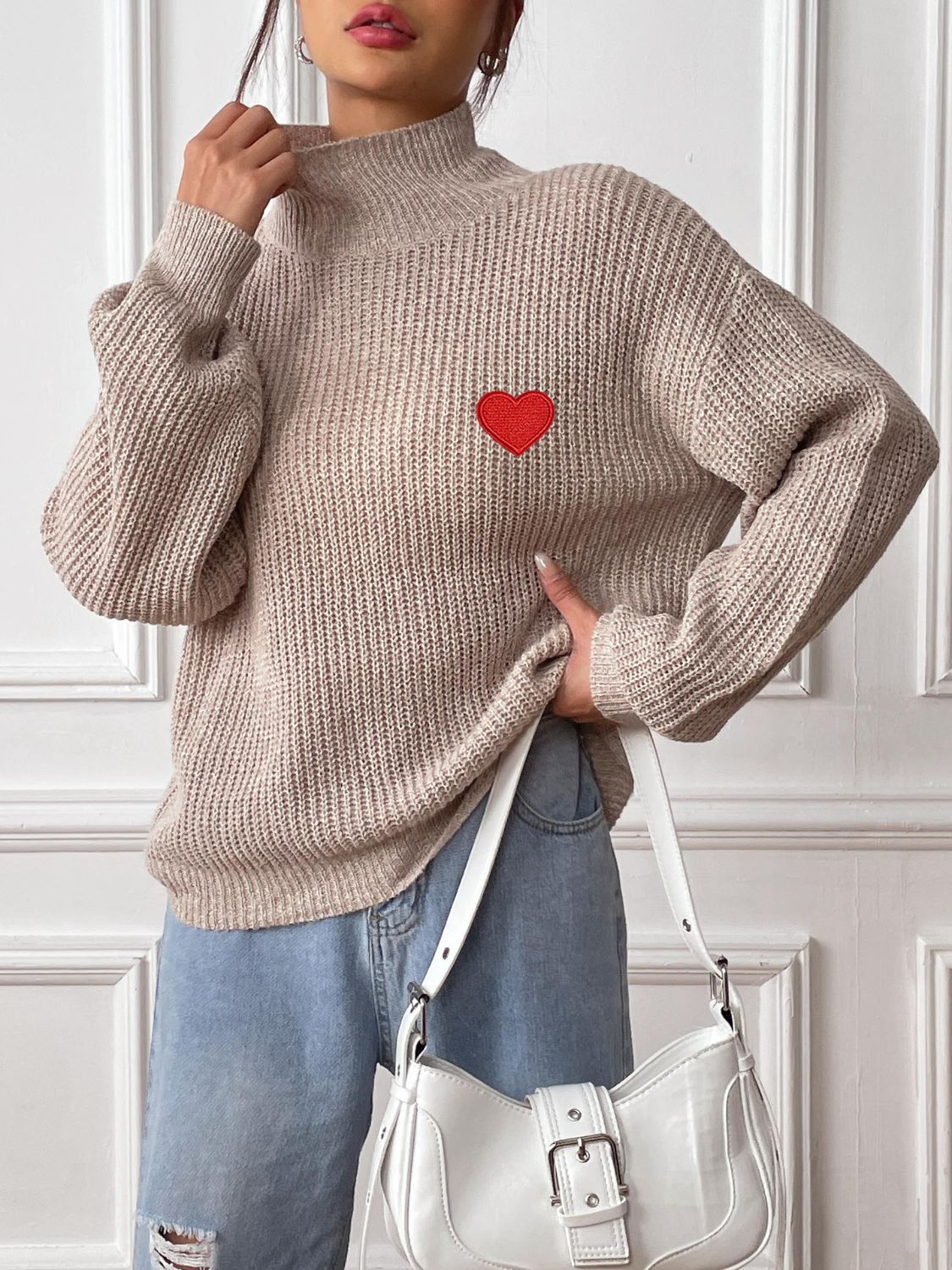 Heart Turtleneck Dropped Shoulder Long Sleeve Sweater - Sydney So Sweet