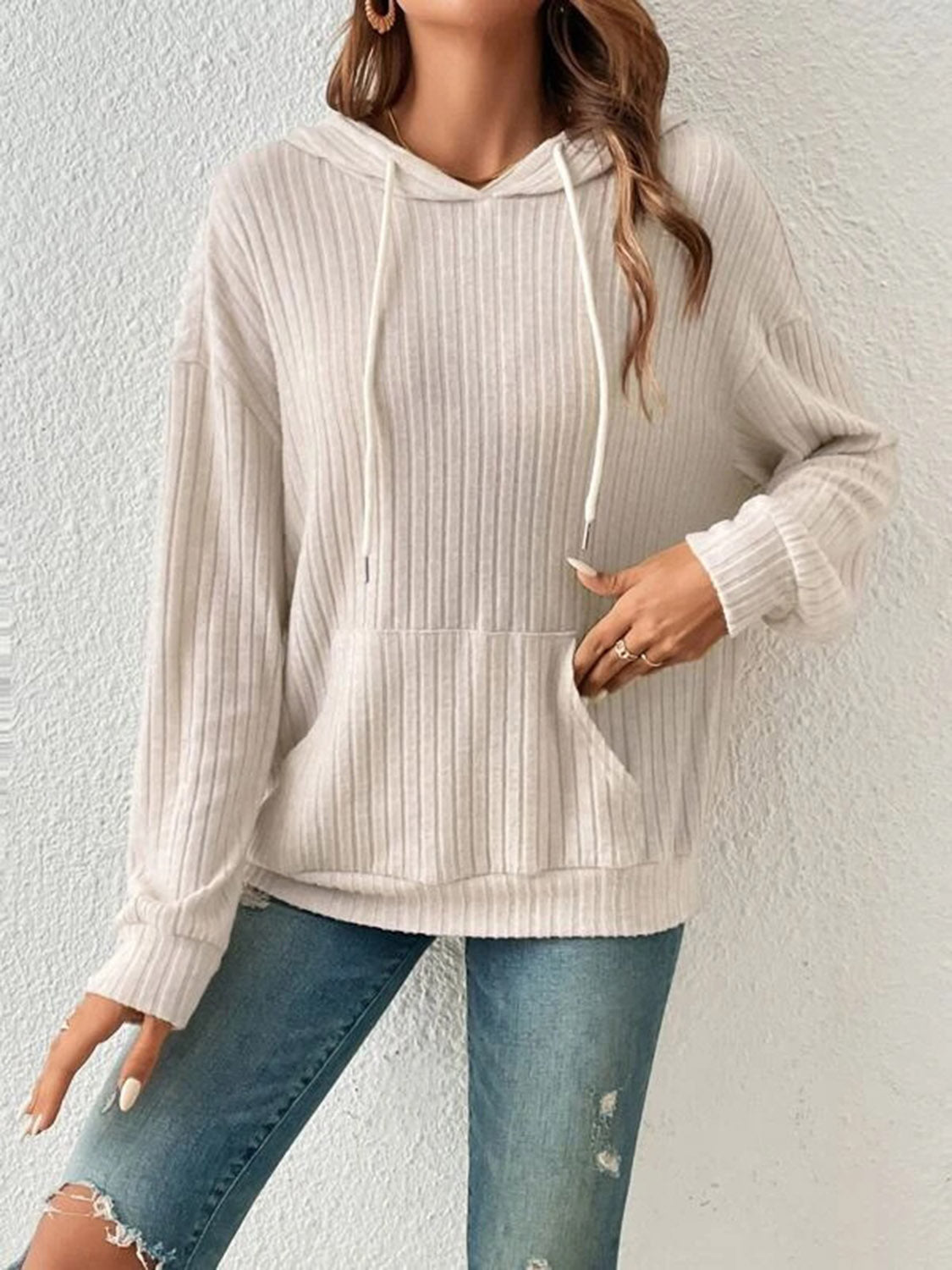 Ribbed Dropped Shoulder Drawstring Hoodie - Sydney So Sweet