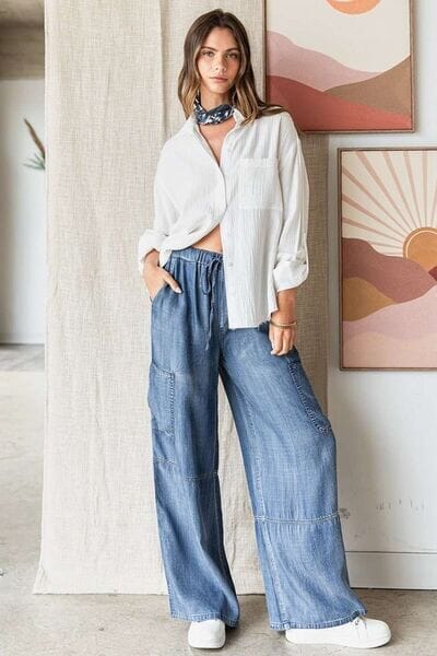 Mittoshop Washed Elastic Waist Cargo Wide Leg Pants - Sydney So Sweet