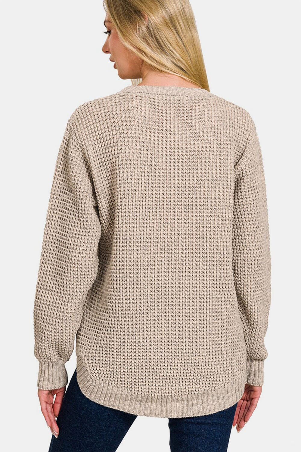 Zenana High Low Long Sleeve Waffle Sweater - Sydney So Sweet