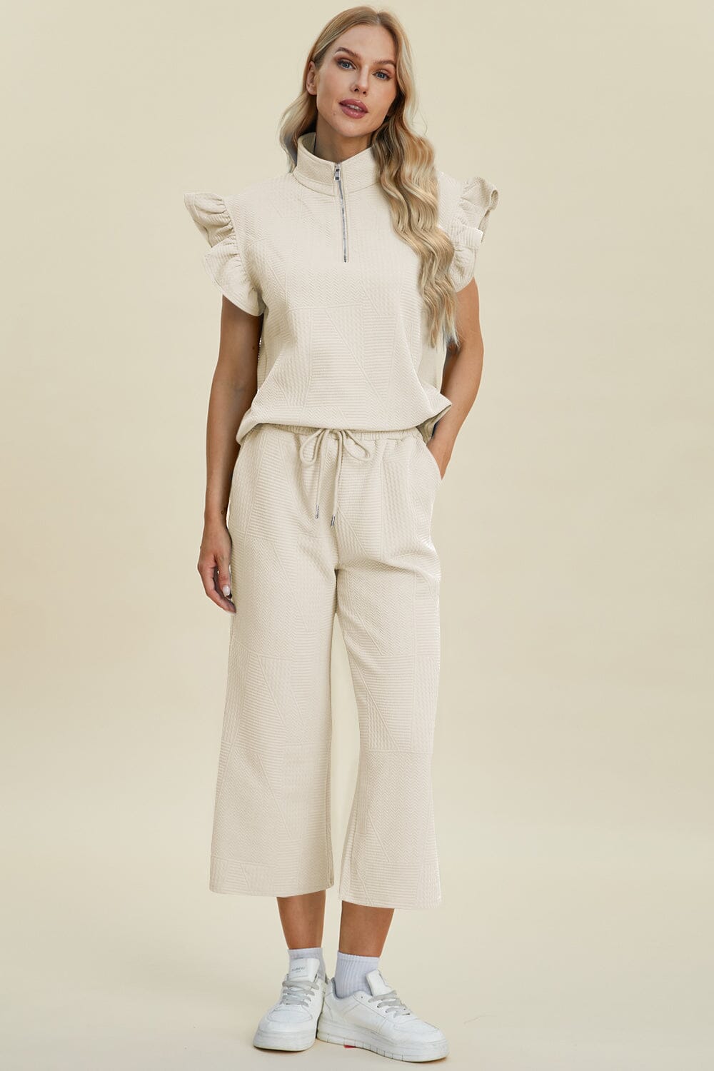 Double Take Full Size Texture Ruffle Short Sleeve Top and Wide Leg Pants Set - Sydney So Sweet